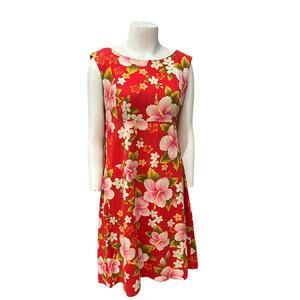 Vintage 60s Ui-Maikai Red Hawaiian Floral Cotton Dress Sleeveless / M/L -